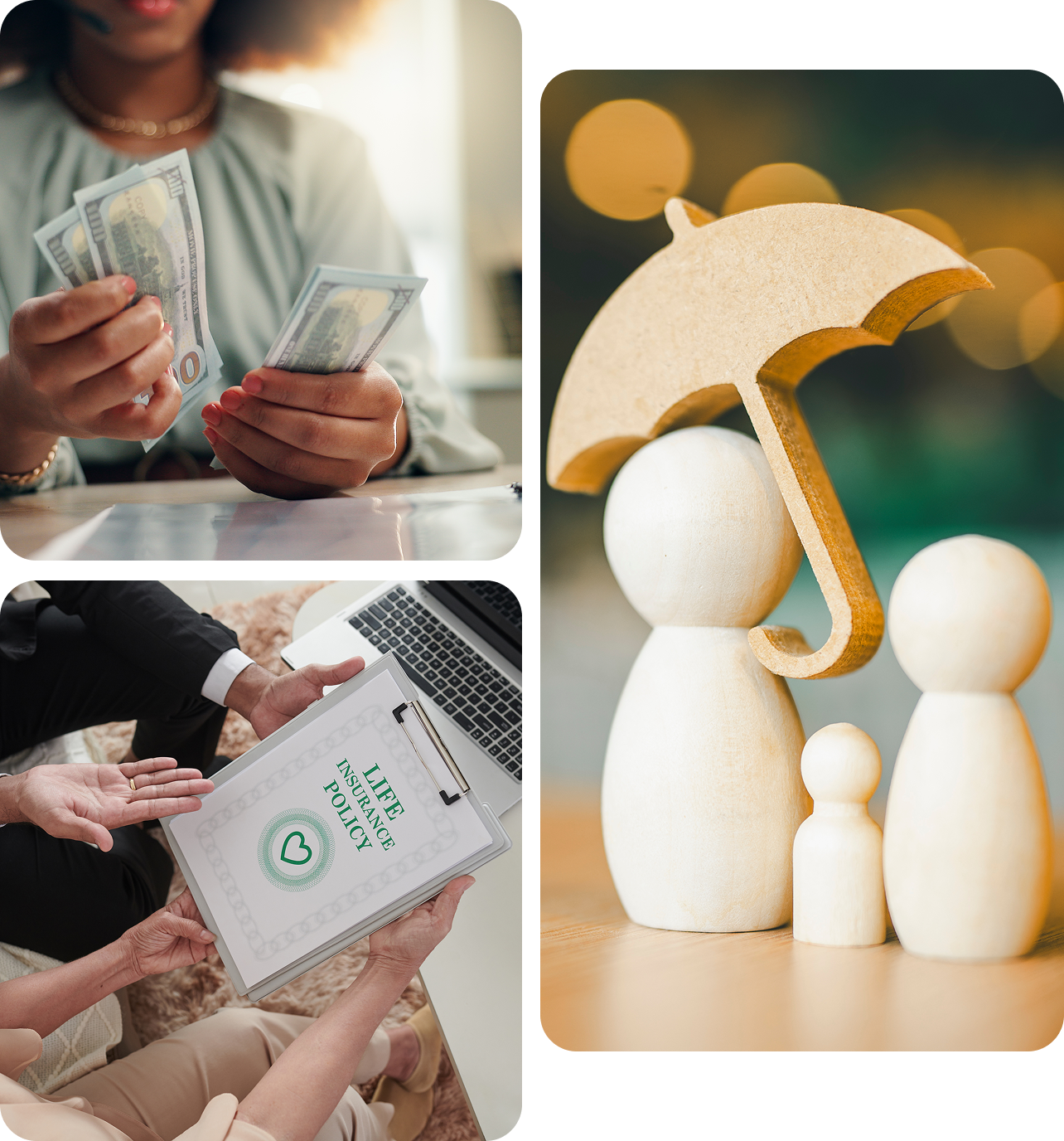 Money, insurance policy, wooden family with umbrella.